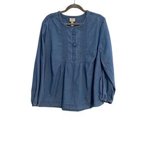 St. Johns Bay Tunic Women 1X Blue Pintuck Long Sleeve Chambray Top Flowy Casual